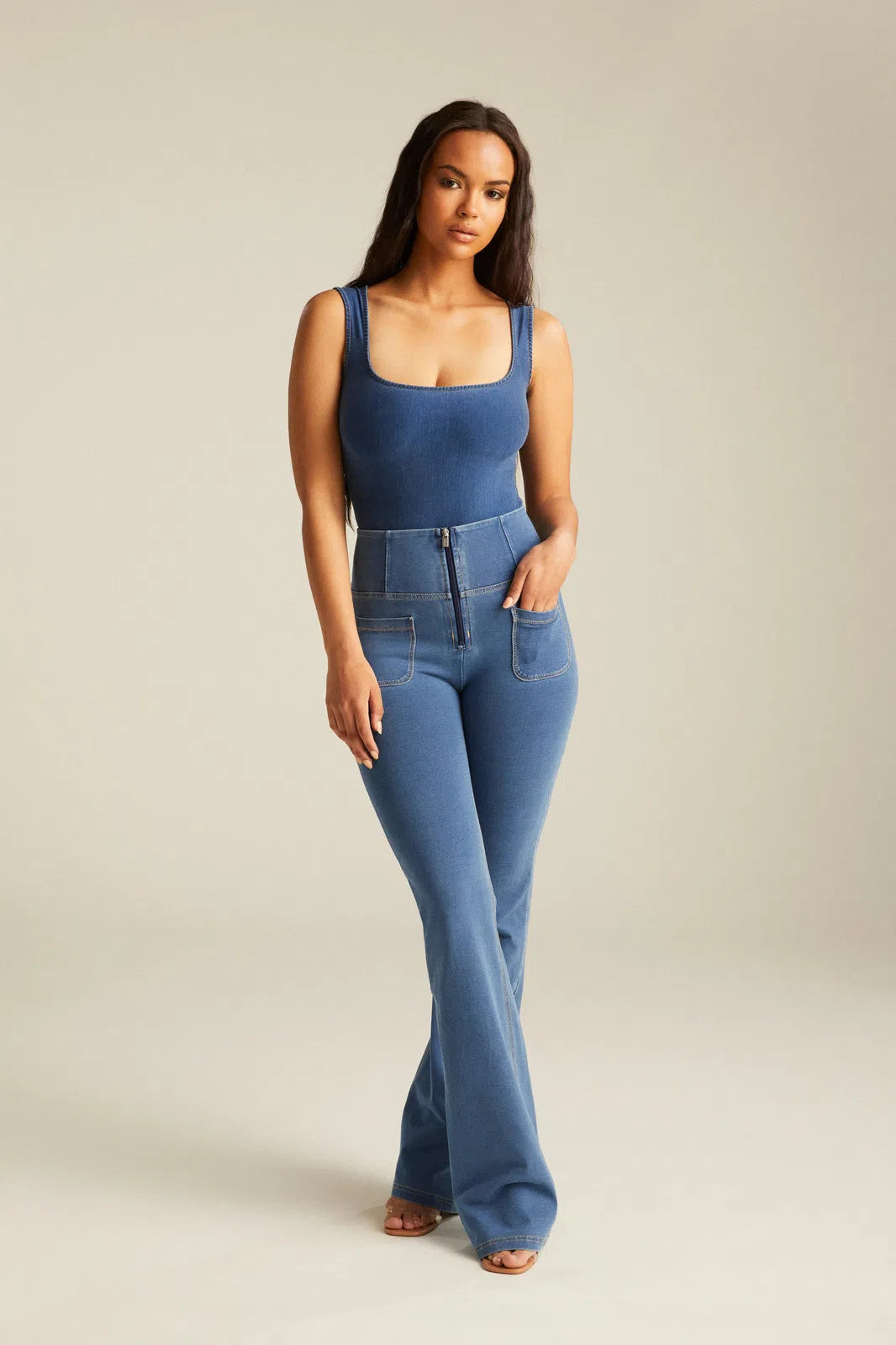 WRUP Denim with Front Pockets - Super High Waisted - Flare - Light Blue + Beige Stitching 3